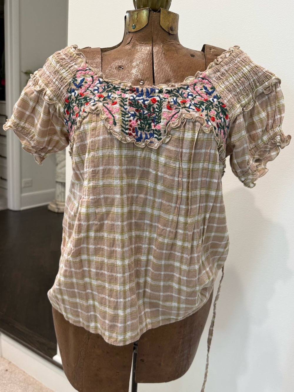 Free People Beige Plaid Off-Shoulder Top with Multicolor Floral Embroidery